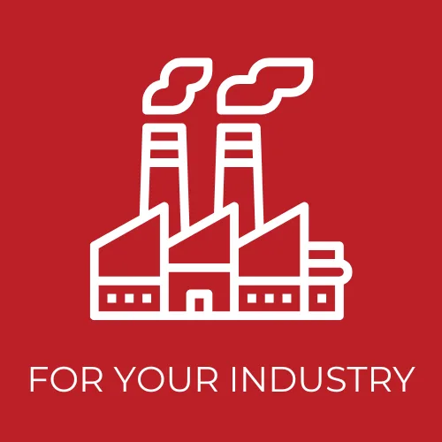 Industrial facility icon with smokestacks and text "FOR YOUR INDUSTRY," representing PumperJack Septic's services for industrial clients in the Finger Lakes region.