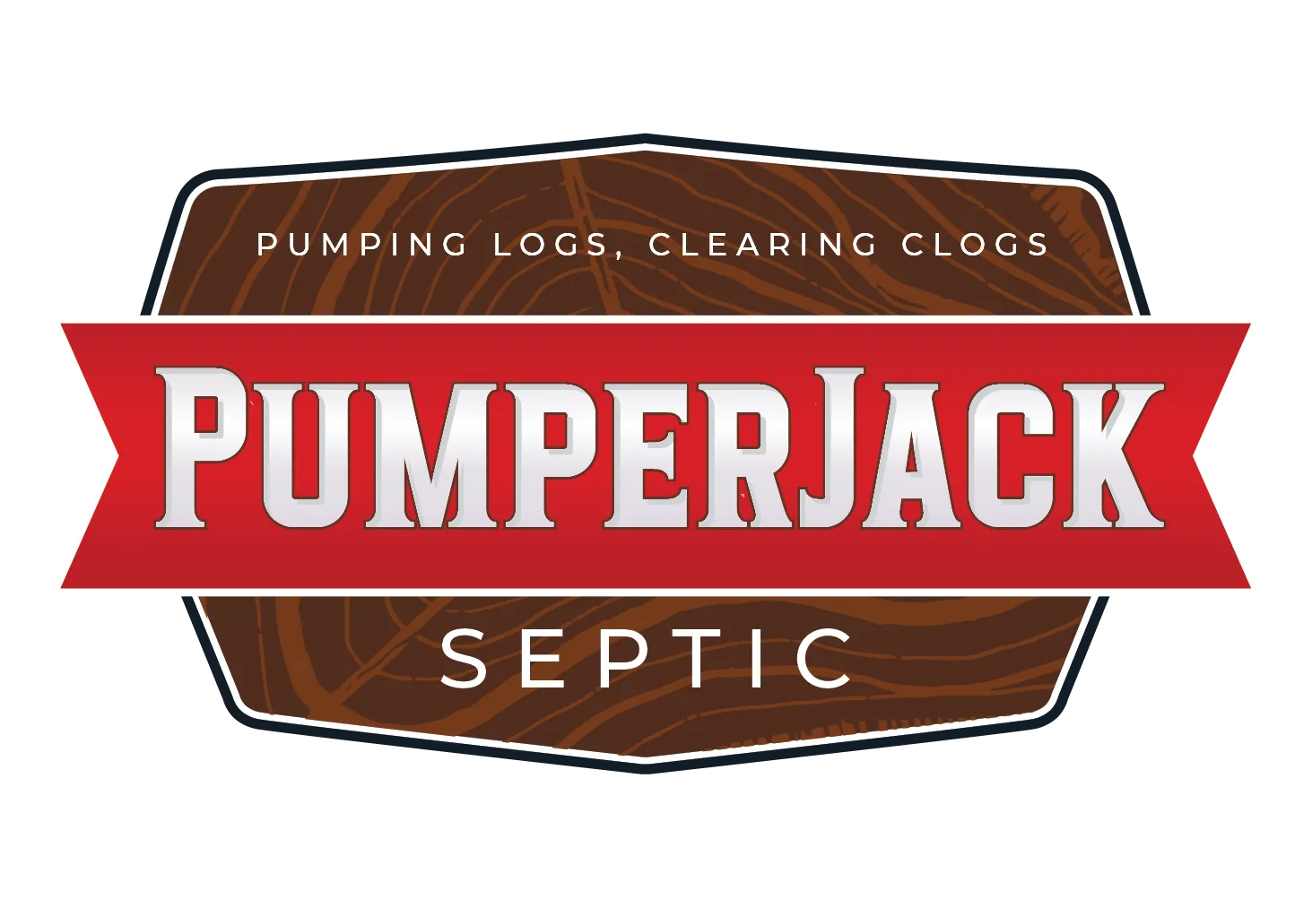 PumperJack septic logo featuring bold text on a wooden background, emphasizing "Pumping Logs, Clearing Clogs."