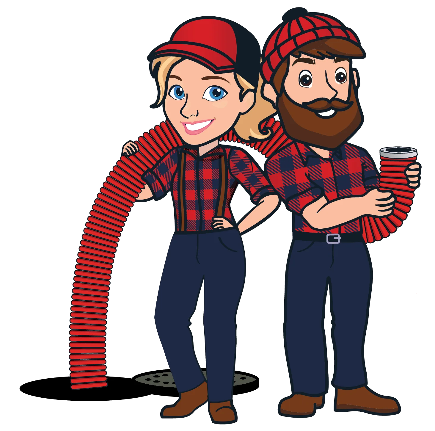 Illustration of two cartoon characters, a woman and a man, dressed in red and black plaid shirts, standing next to a septic access point, with the woman holding a coiled hose and the man holding a septic tank tool, representing PumperJack Septic's reliable service in Upstate New York.