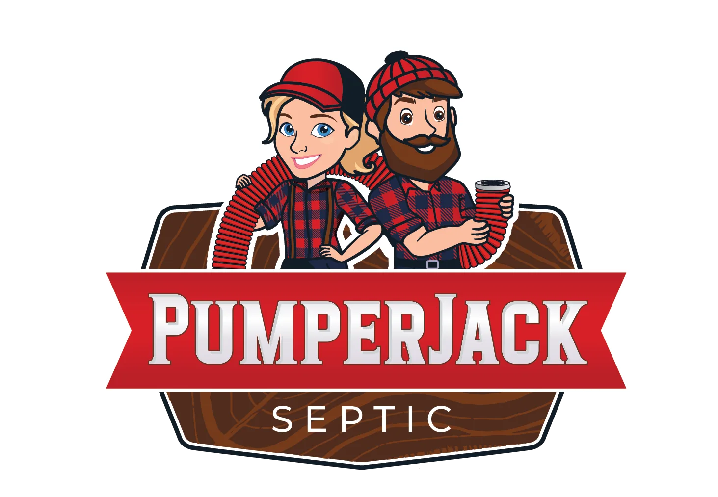 PumperJack mascot logo featuring a woman and man in plaid shirts, with a septic hose, emphasizing the brand's septic services.