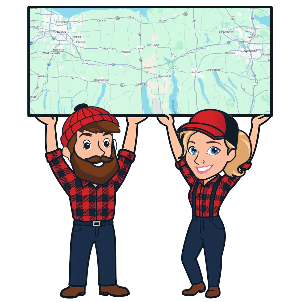 Illustration of a man and woman in plaid shirts holding a map of the Finger Lakes region, representing PumperJack Septic's service area in Upstate New York.