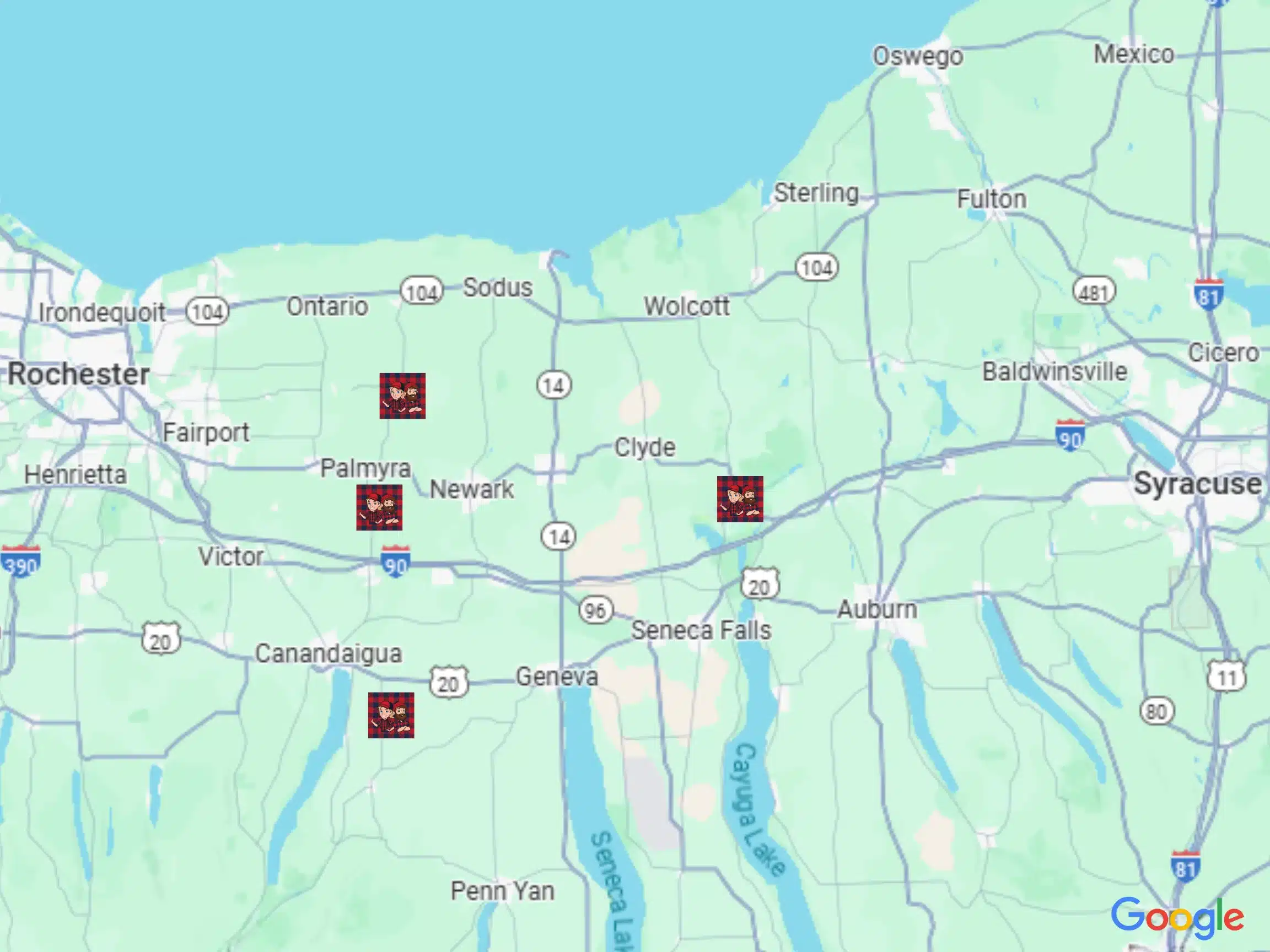Map highlighting service areas of PumperJack Septic, including locations like Canandaigua, Palmyra, and Clyde in the Finger Lakes region of New York.