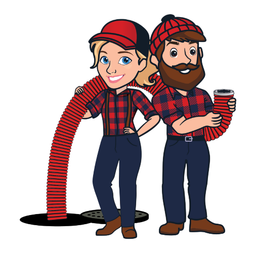 PumperJack & PumperJill – Cayuga County’s Dependable Septic Duo PumperJack and PumperJill working together with a red septic hose, representing trusted, family-owned septic service in Cayuga County, New York.