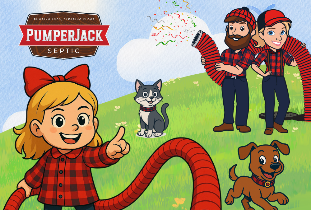 The Pumper Family &mdash; PumperJack, PumperJill, PumperPrincess, PumperPup, and PumpPurr &mdash; smiling on a green hill with red hoses and the PumperJack Septic logo.
