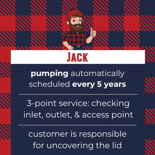 PumperJack Jack septic maintenance plan with automatic pumping every 5 years and standard septic inspection.